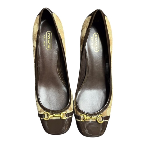 COACH Signature Monogram Brown and Tan Block Heel Pumps - Picture 2 of 6